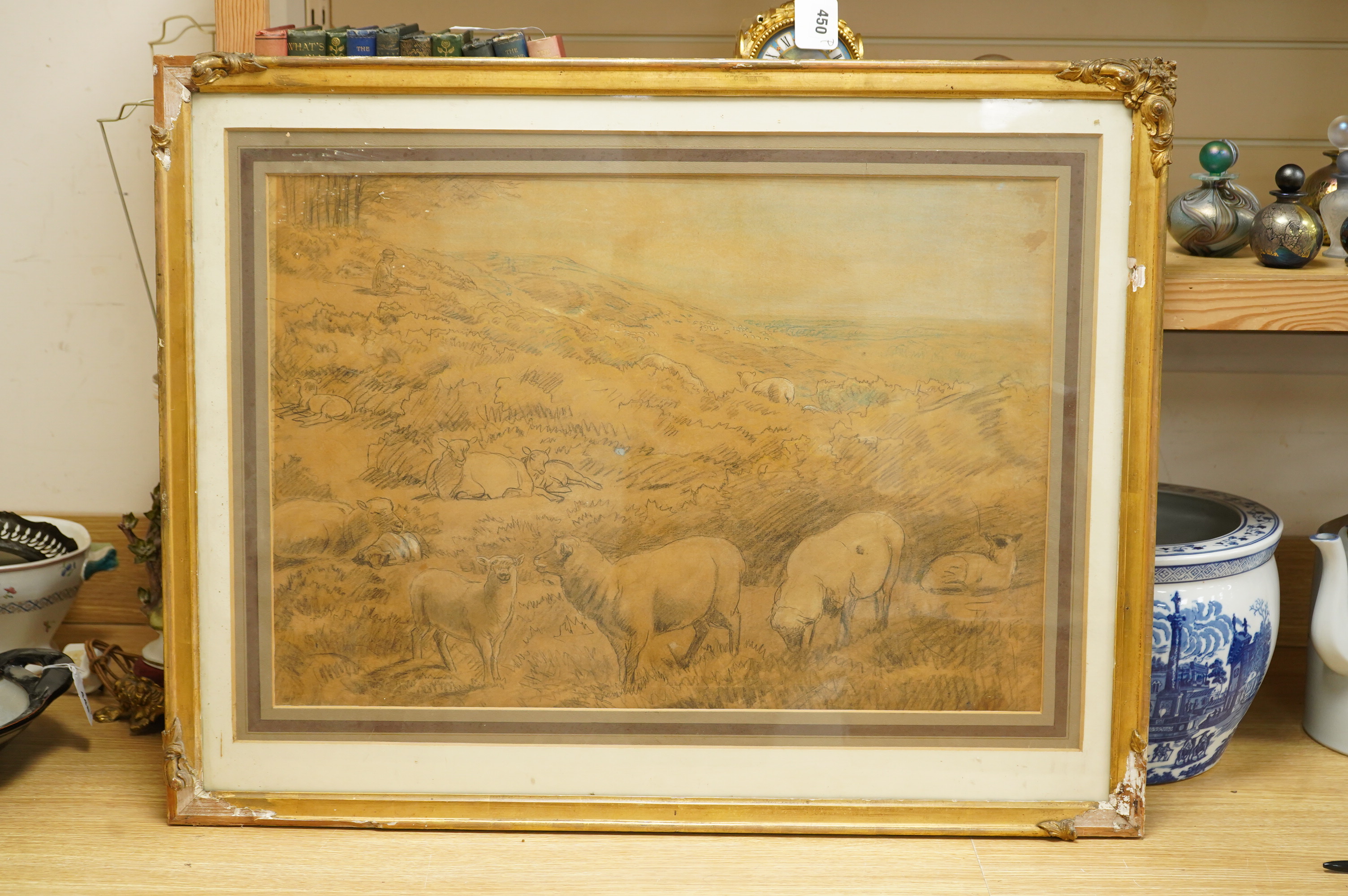 Late 19th century English School, Sheep grazing on a hillside, unsigned, mixed media and charcoal, 44 x 64cm